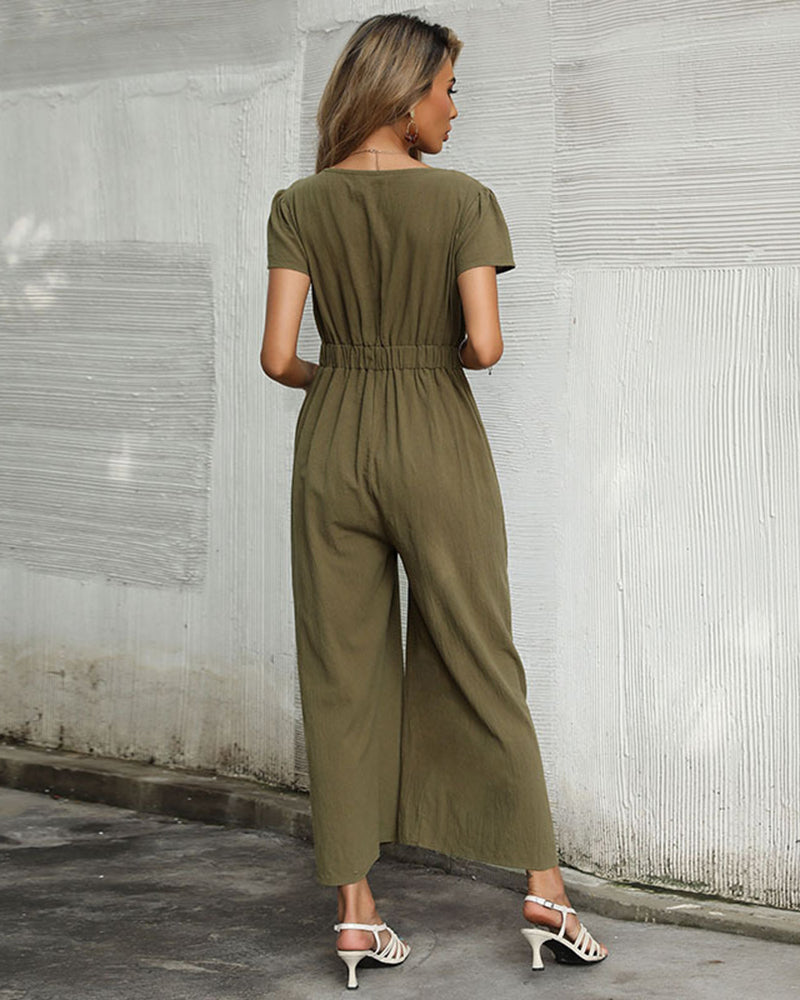 NTG Fad Jumpsuits & Rompers Casual short-sleeved solid color bow V-neck jumpsuit
