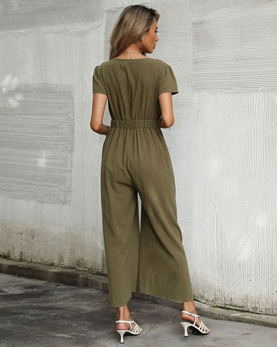 NTG Fad Jumpsuits & Rompers Casual short-sleeved solid color bow V-neck jumpsuit