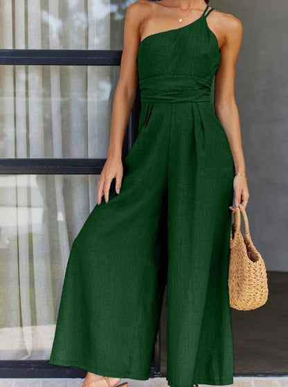 NTG Fad Jumpsuits & Rompers Dark Green / S(4-6) One-shoulder high-waisted wide-leg jumpsuit