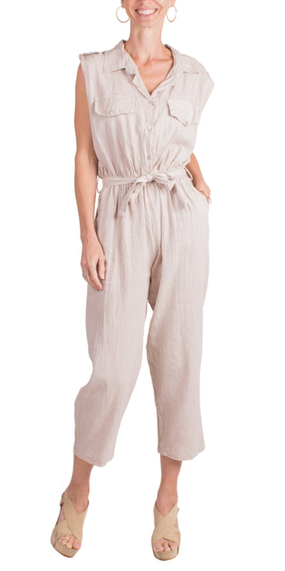 NTG Fad Jumpsuits & Rompers/Jumpsuits Apricot / S Linen Sleeveless Shirt Button Jumpsuit-(Hand Make)