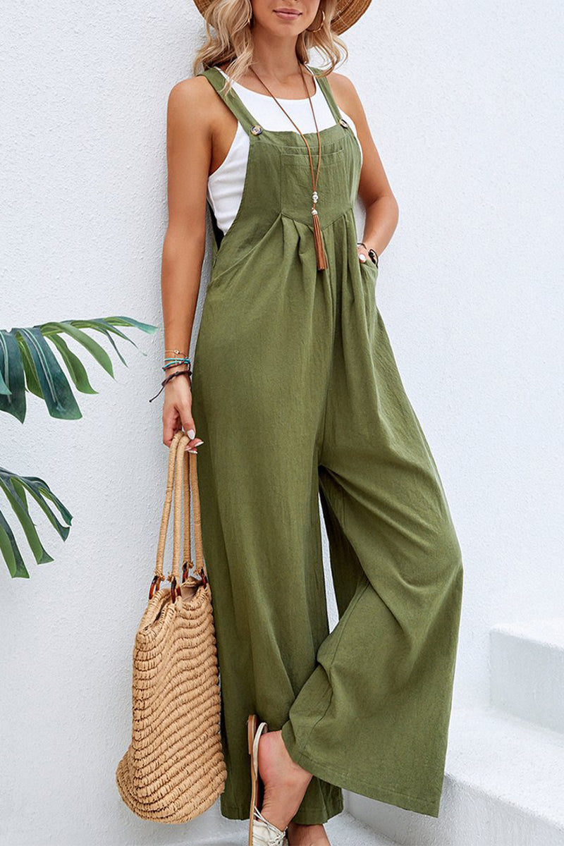 NTG Fad Jumpsuits & Rompers/Jumpsuits Army Green / S Casual Vacation Solid Buttons Square Collar Loose Jumpsuits