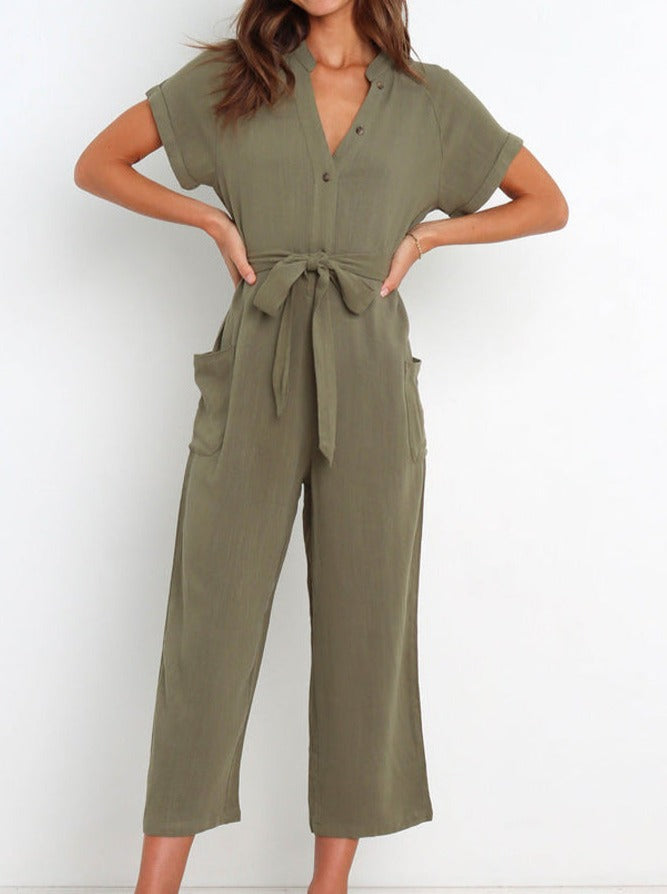 NTG Fad Jumpsuits & Rompers/Jumpsuits Army green / XL V-neck cropped wide-leg jumpsuit