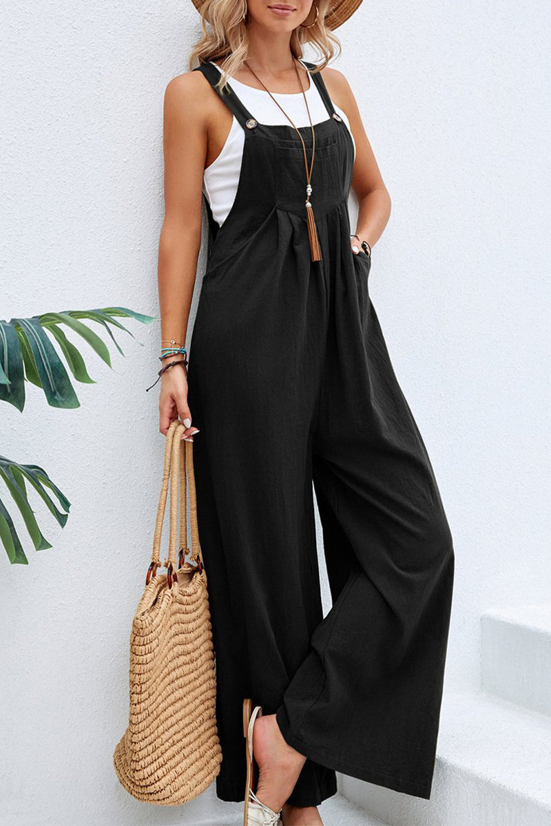 NTG Fad Jumpsuits & Rompers/Jumpsuits Black / S Casual Vacation Solid Buttons Square Collar Loose Jumpsuits