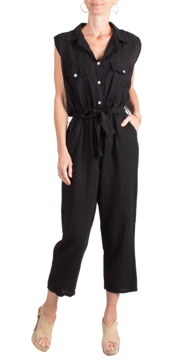 NTG Fad Jumpsuits & Rompers/Jumpsuits Black / S Linen Sleeveless Shirt Button Jumpsuit-(Hand Make)