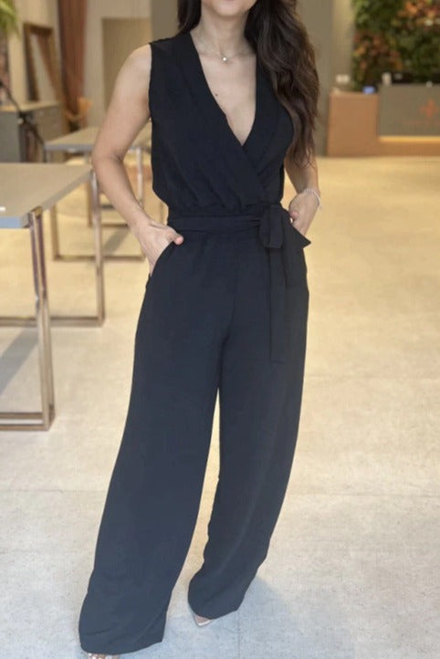 NTG Fad Jumpsuits & Rompers/Jumpsuits Black / XL Solid color V-neck sleeveless tie-up high waist loose wide-leg jumpsuit