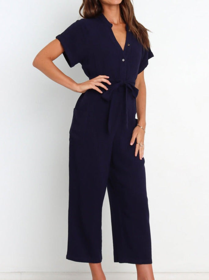 NTG Fad Jumpsuits & Rompers/Jumpsuits Dark blue / M V-neck cropped wide-leg jumpsuit