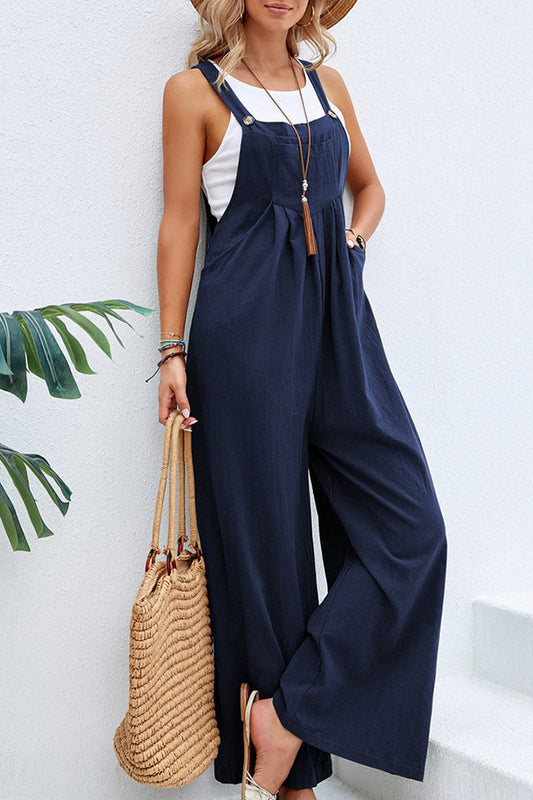 NTG Fad Jumpsuits & Rompers/Jumpsuits Deep Blue / S Casual Vacation Solid Buttons Square Collar Loose Jumpsuits