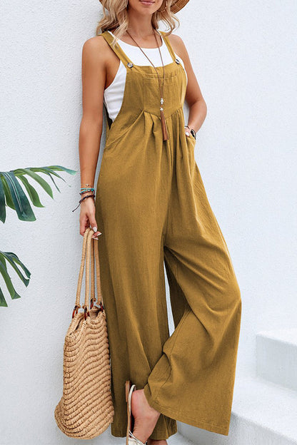 NTG Fad Jumpsuits & Rompers/Jumpsuits Earth Yellow / S Casual Vacation Solid Buttons Square Collar Loose Jumpsuits
