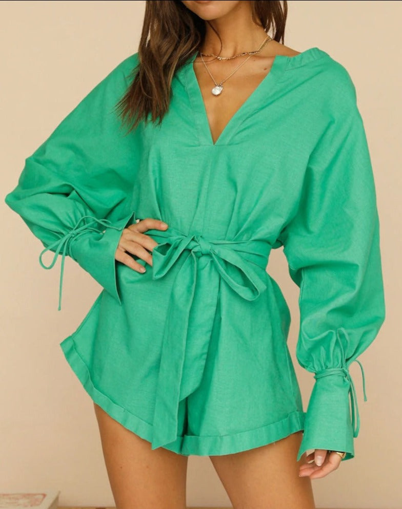NTG Fad Jumpsuits & Rompers/Jumpsuits Green / S V-neck waist long-sleeved jumpsuit