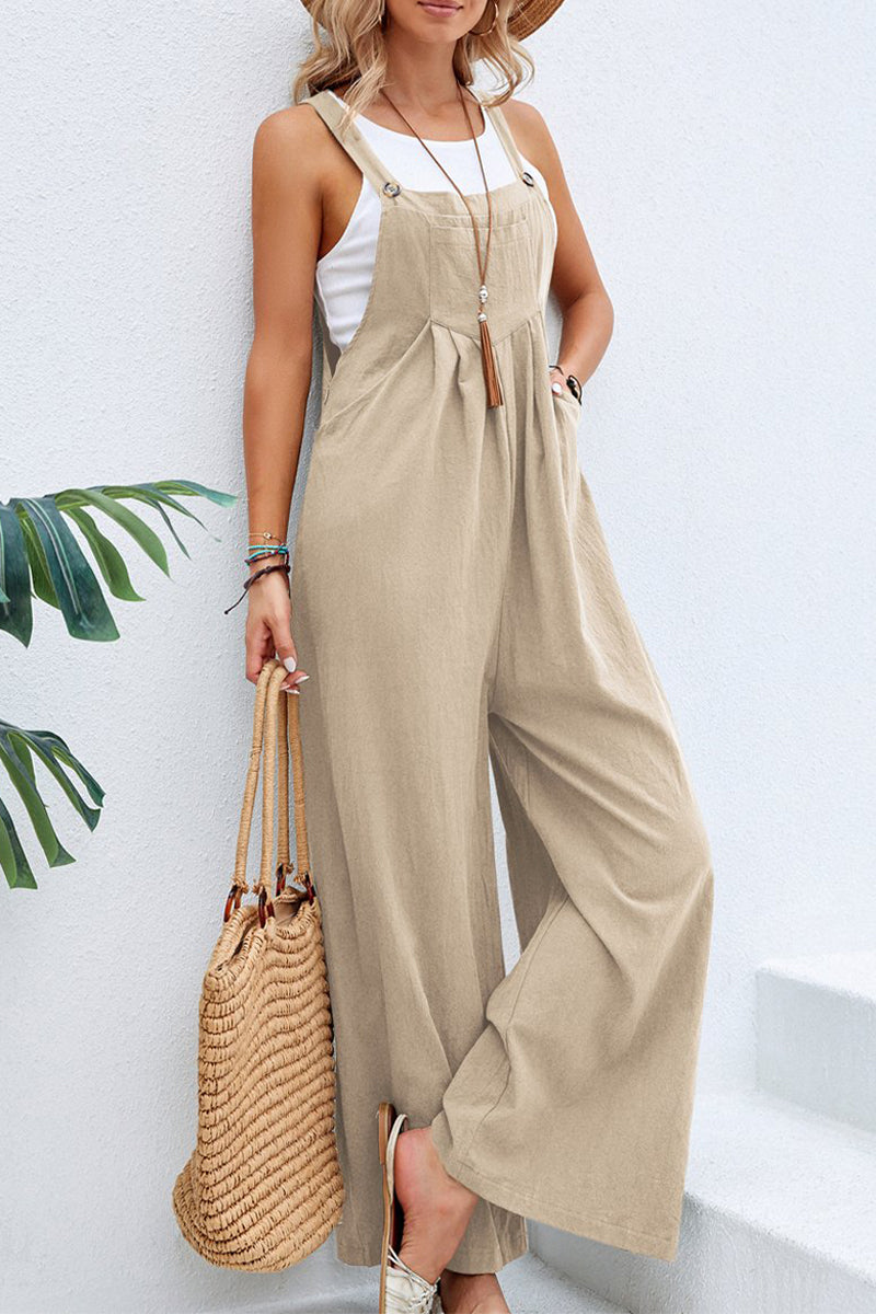 NTG Fad Jumpsuits & Rompers/Jumpsuits Khaki / S Casual Vacation Solid Buttons Square Collar Loose Jumpsuits