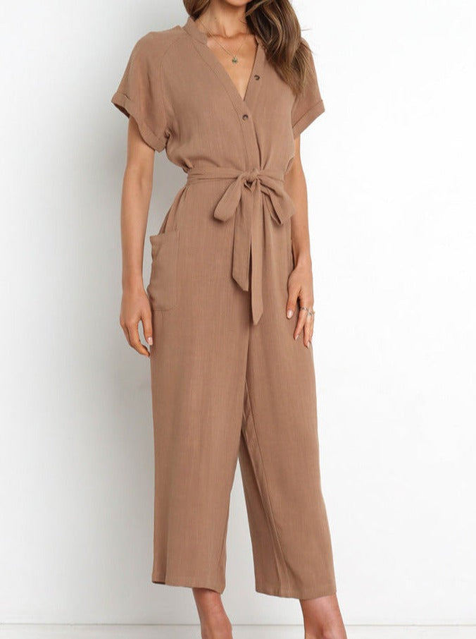 NTG Fad Jumpsuits & Rompers/Jumpsuits Khaki / S V-neck cropped wide-leg jumpsuit