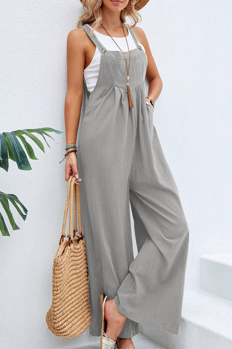 NTG Fad Jumpsuits & Rompers/Jumpsuits Light Gray / S Casual Vacation Solid Buttons Square Collar Loose Jumpsuits