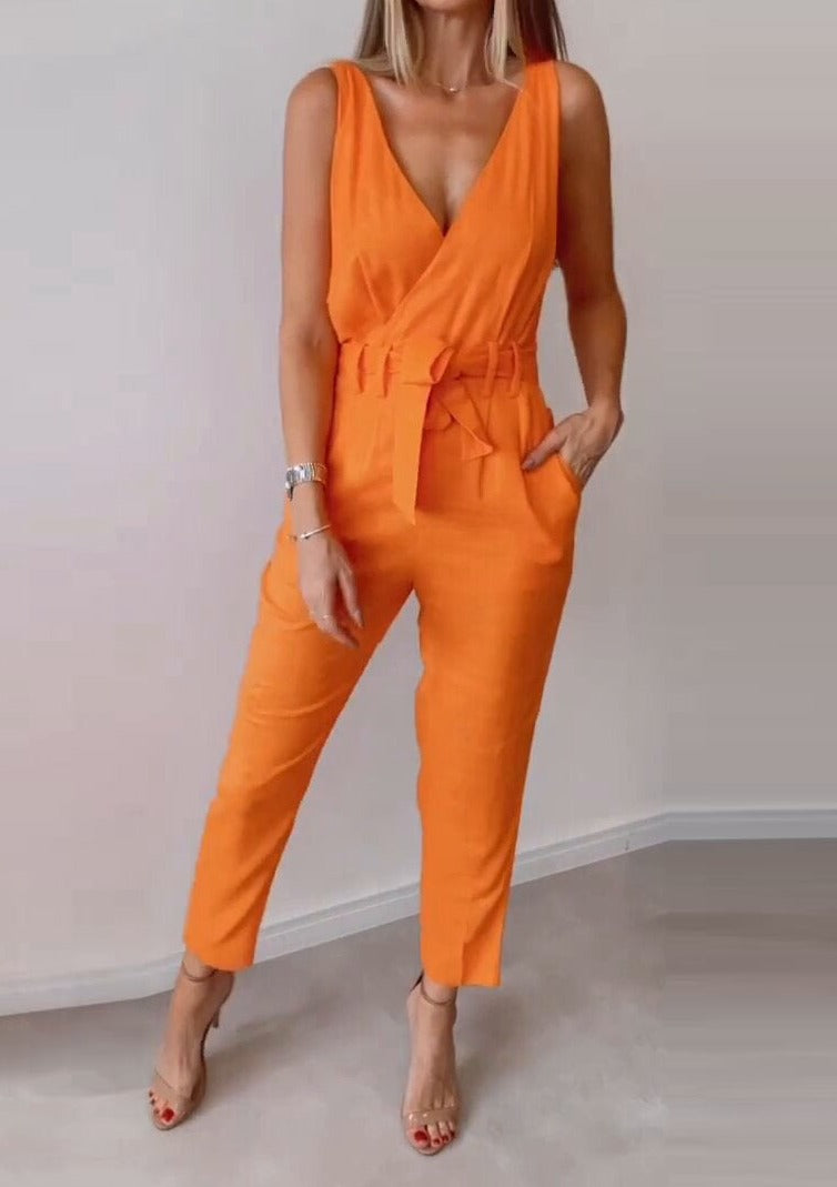NTG Fad Jumpsuits & Rompers/Jumpsuits Orange / S Solid color tie-up high waist V-neck loose plus size small feet ladies jumpsuit
