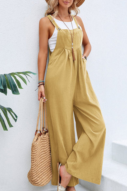NTG Fad Jumpsuits & Rompers/Jumpsuits Yellow / S Casual Vacation Solid Buttons Square Collar Loose Jumpsuits