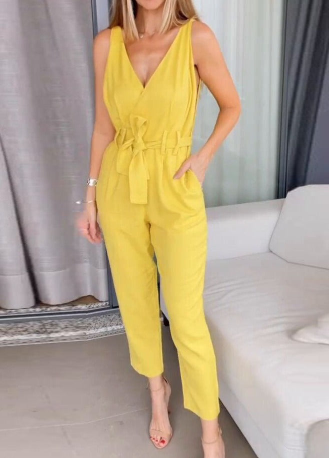 NTG Fad Jumpsuits & Rompers/Jumpsuits Yellow / S Solid color tie-up high waist V-neck loose plus size small feet ladies jumpsuit