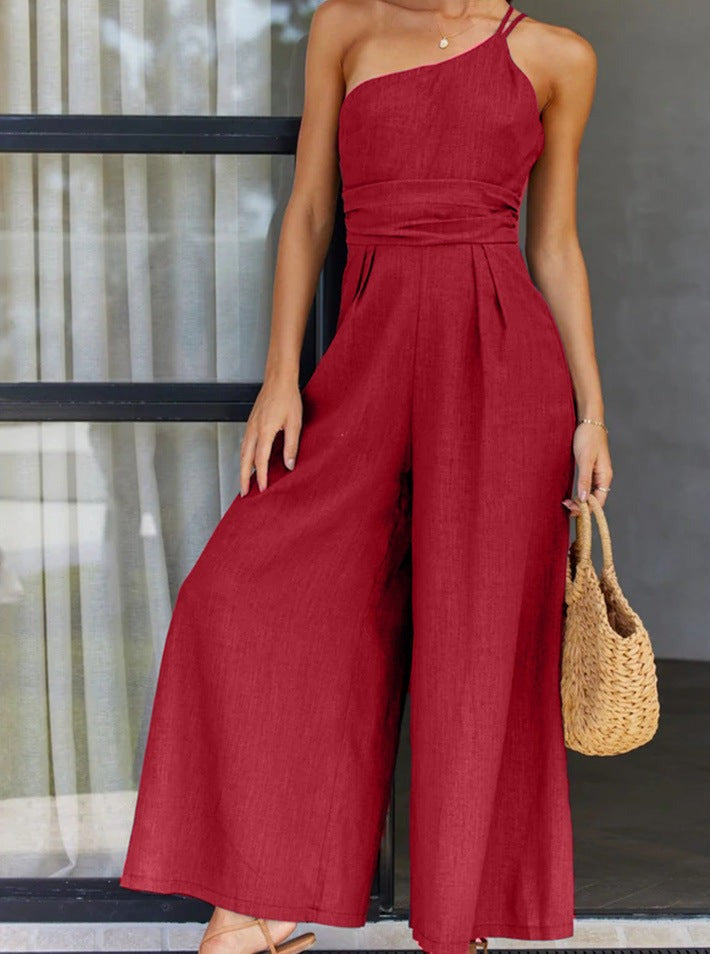 NTG Fad Jumpsuits & Rompers Red / S(4-6) One-shoulder high-waisted wide-leg jumpsuit