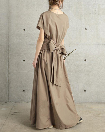 NTG Fad Khaki / M Solid Color Simple Short-sleeved Long Dress