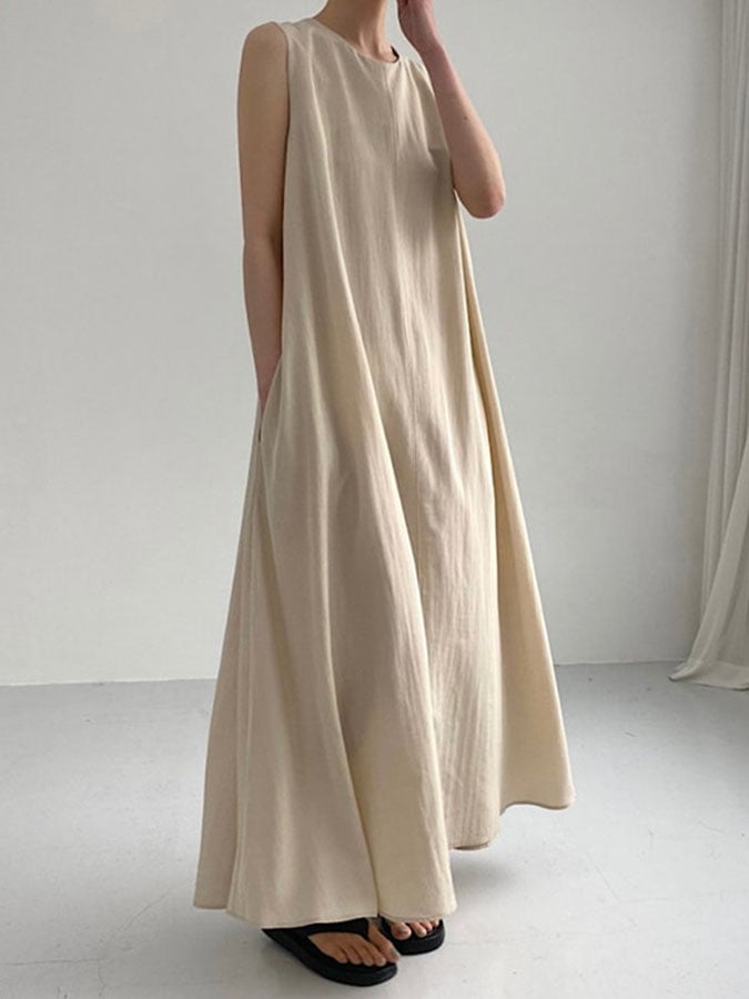 NTG Fad Khaki / One-Size Sleeveless Solid Color Loose Dress