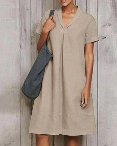 NTG Fad Khaki / S Casual Short Sleeve Pure Linen Mini Dress