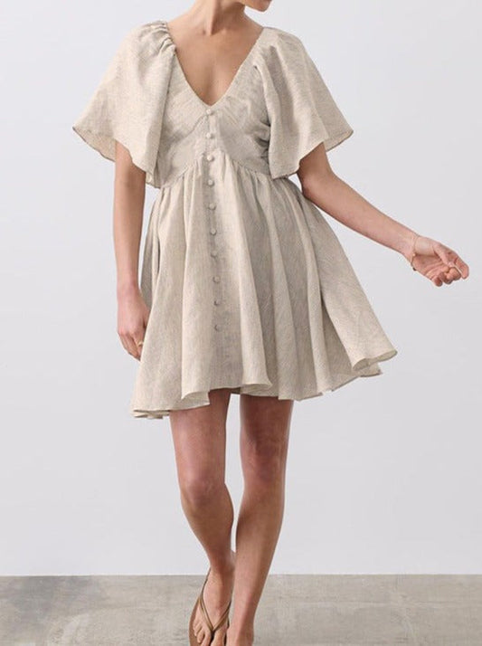 NTG Fad Khaki / S Cotton and linen new V-neck trumpet sleeve design skirt