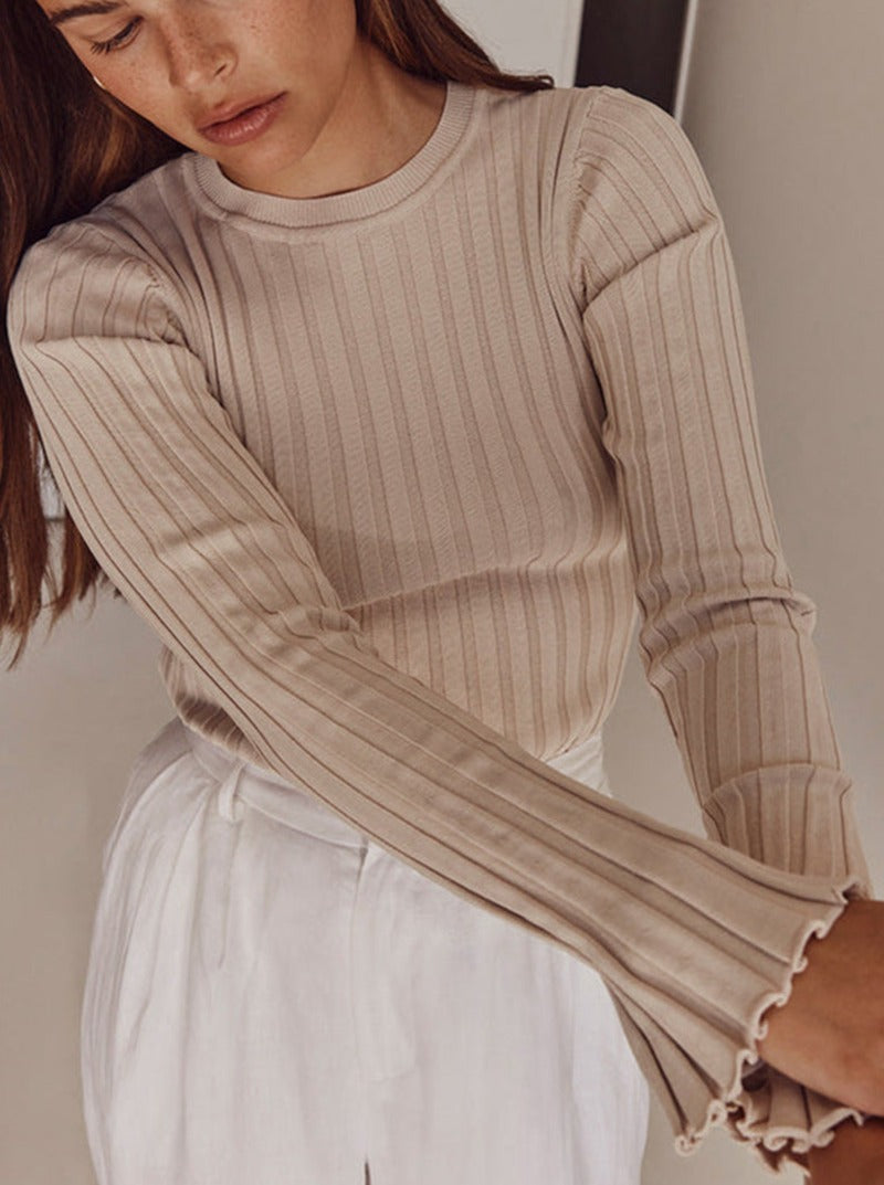 NTG Fad Khaki / S Crew neck long sleeve ribbed knit sweater