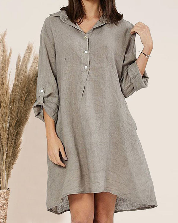 NTG Fad Khaki / S Linen Casual Shawl Collar Buttoned Dresses