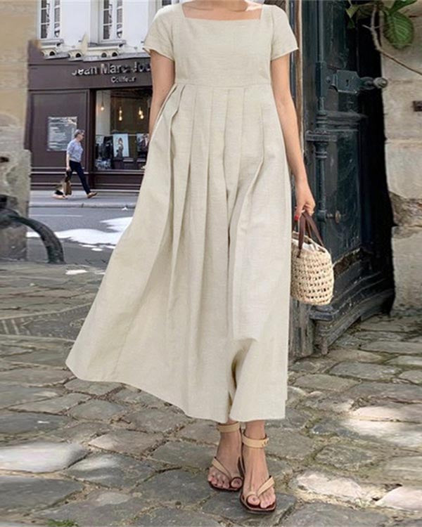 NTG Fad Khaki / S Linen Long Dress Short Sleeve Square Neck Dress