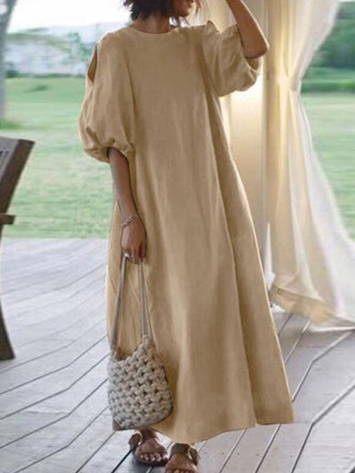 NTG Fad Khaki / S Off-The-Shoulder Solid Cotton And Linen Long Dress