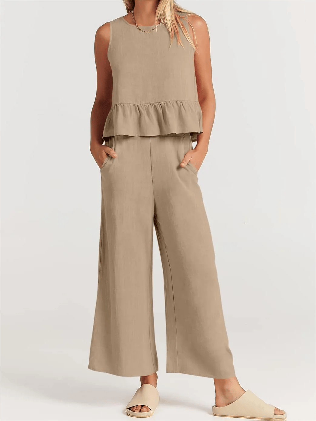 NTG Fad Khaki / S/UK6-8 WOMEN'S SUMMER 2 PIECES OUTFITS - LOUNGE SET WITH POCKETS