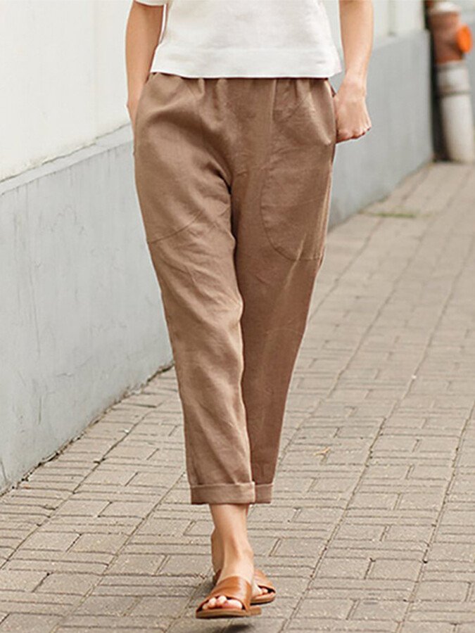 NTG Fad Khaki / S Women's Cotton Linen Solid Color Loose Pocket Harem Pants