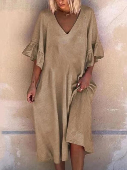 NTG Fad Khaki / S Women's Cotton Linen V-Neck Ruffled Three-quarter Sleeve Midi Dress