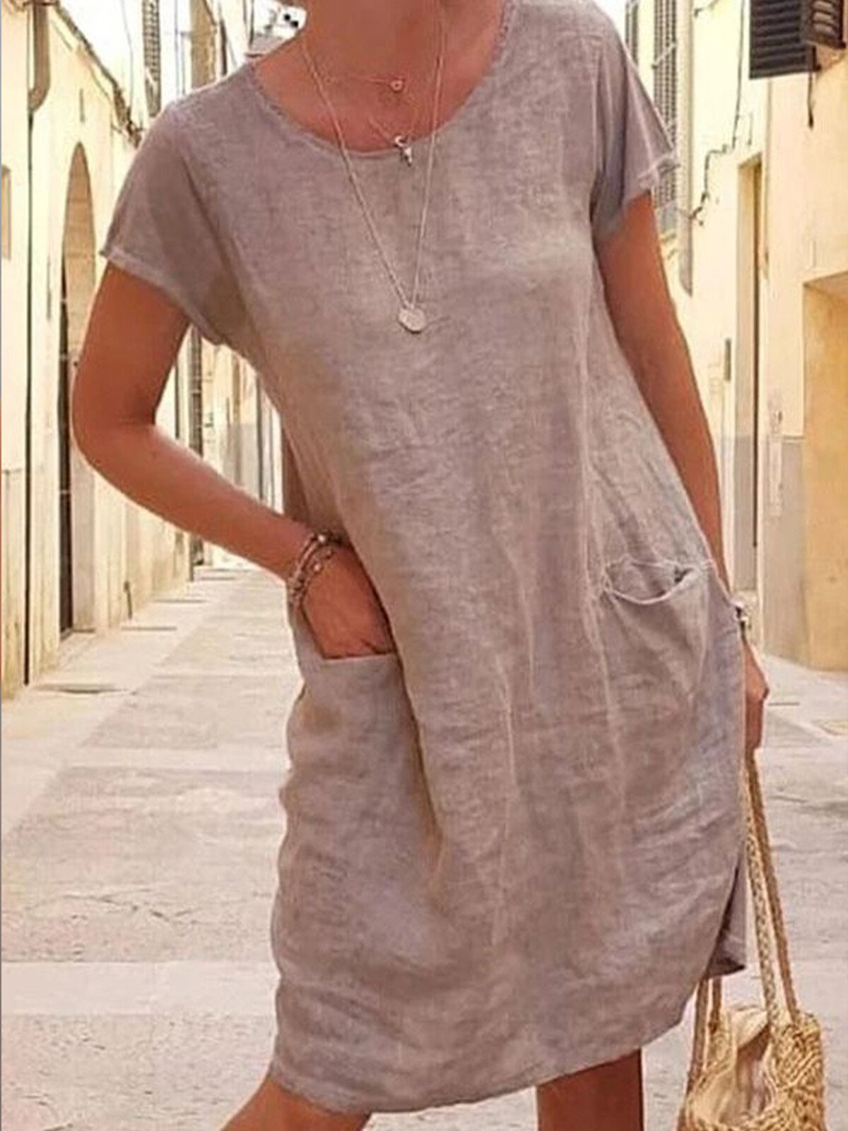 NTG Fad Khaki / S Women's Loose Round Neck Cotton Short Dress