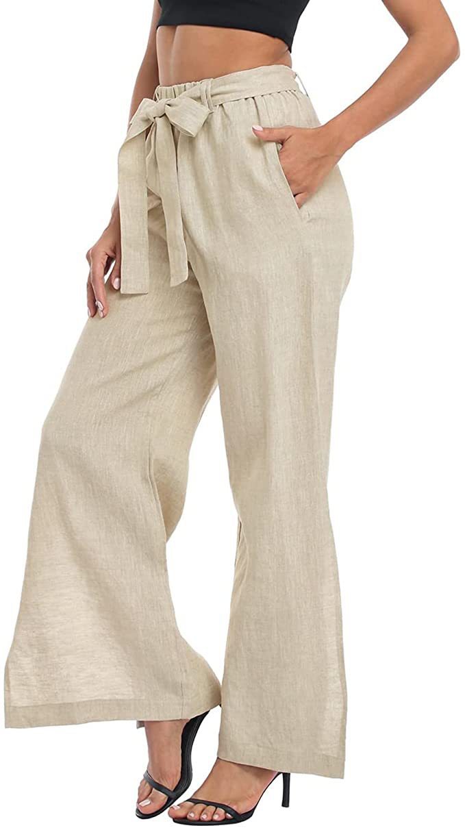 NTG Fad Khaki / S Women's Resort Style Solid Color Bow Knot Split Cotton Linen Wide Leg Pants