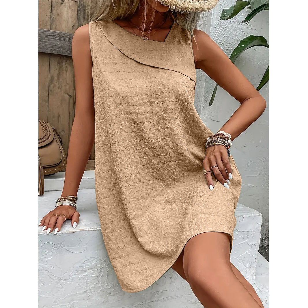 NTG Fad Khaki / S Women Short Dress Plain Asymmetrical Sleeveless Comfy Casual Dress