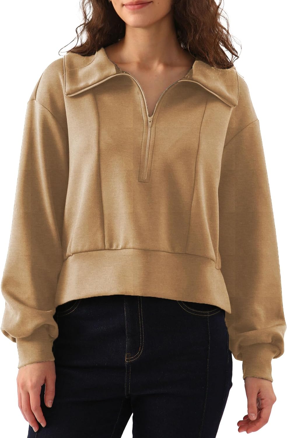 NTG Fad Khaki / XX-Large Cropped Quarter Zip Sweatshirts Slightly Crop Tops