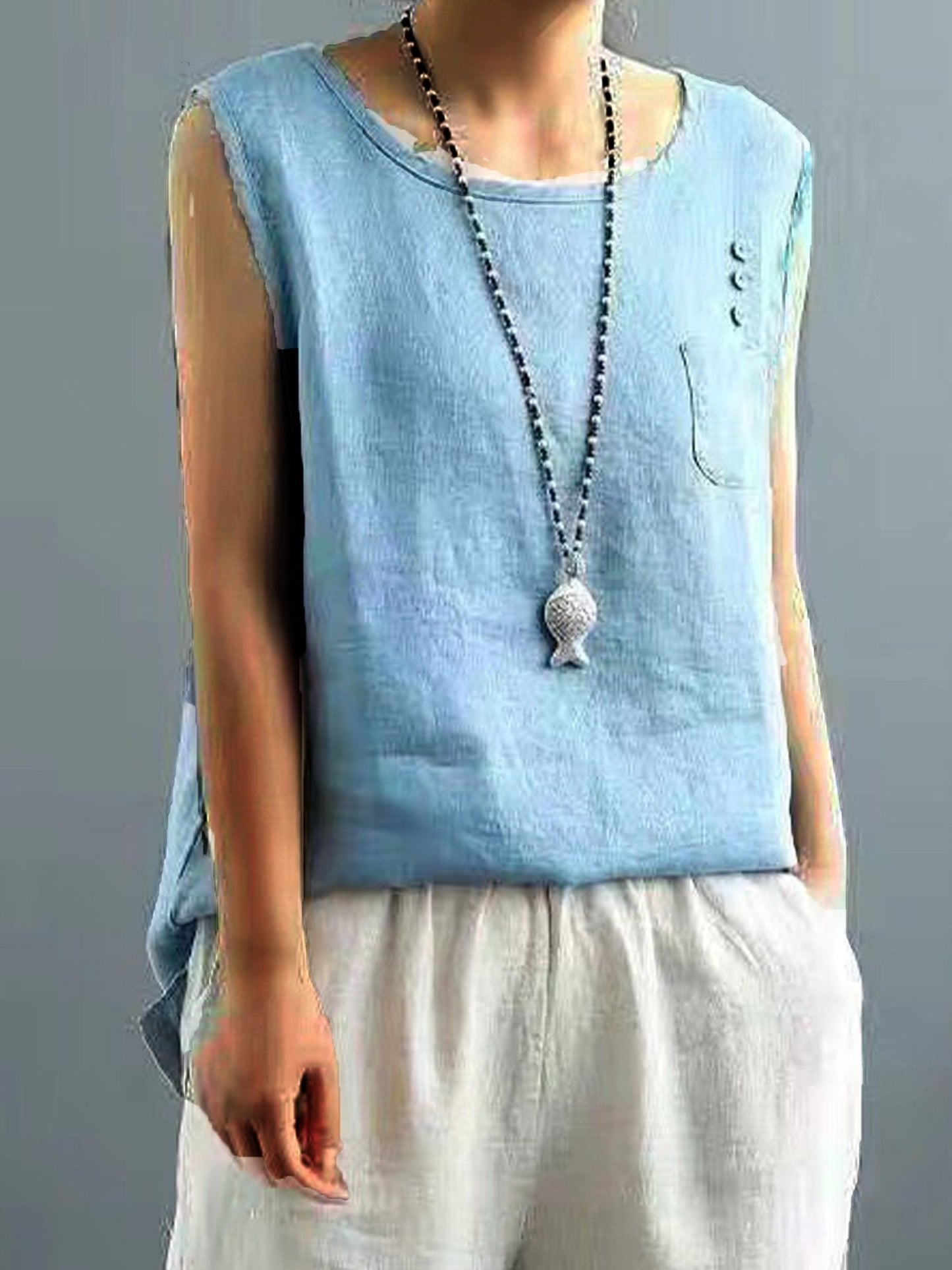 NTG Fad Light Blue / L Women's Vintage Cotton Linen Solid  Loose T-shirt