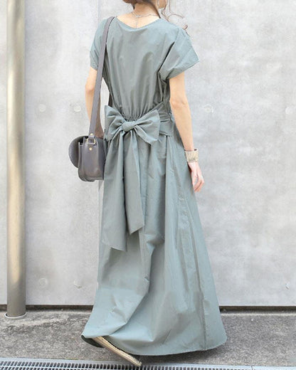 NTG Fad Light Blue / M Solid Color Simple Short-sleeved Long Dress