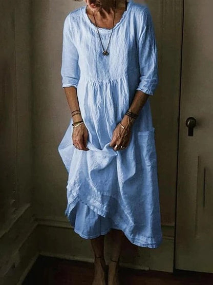 NTG Fad Light Blue / S Women's Casual Round Neck Linen Solid Long Dress