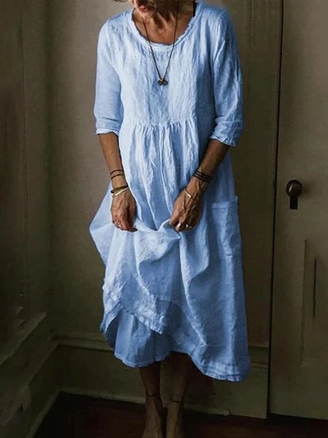NTG Fad Light Blue / S Women's Casual Round Neck Linen Solid Long Dress