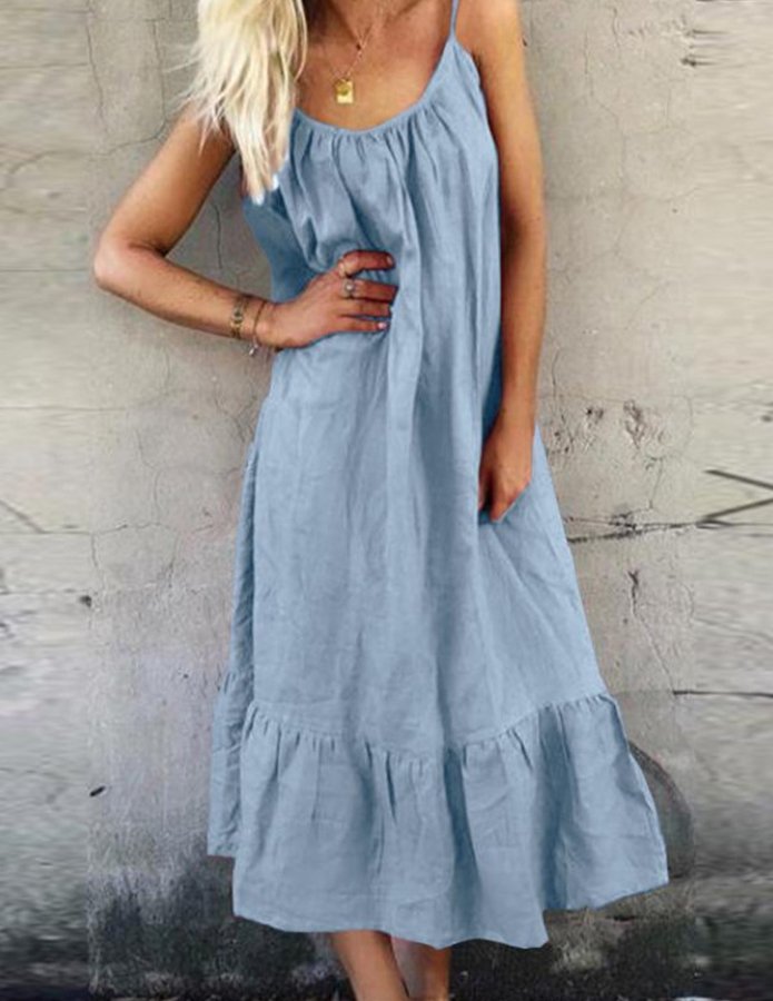 NTG Fad Light Blue / S Women's Cotton Hemp Suspender Solid Color Ruffle Dress