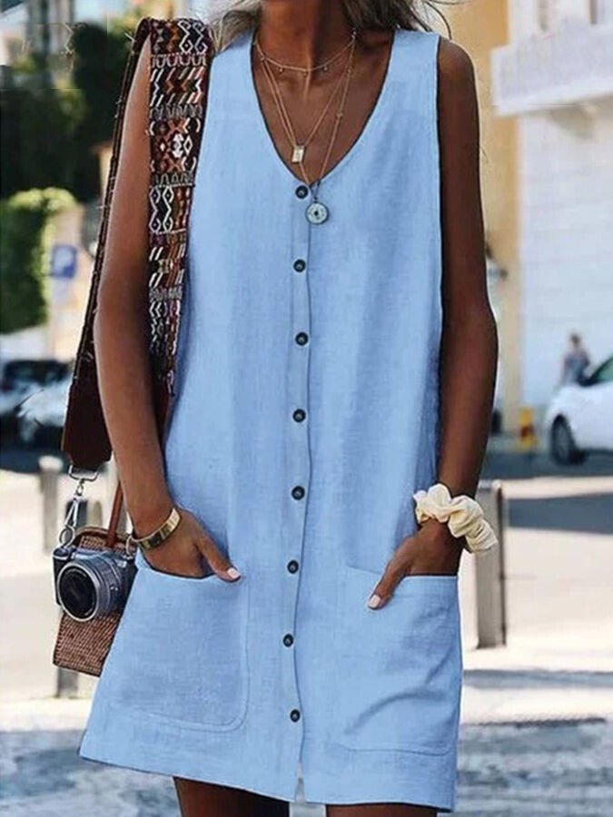 NTG Fad Light Blue / S Women's Fashion Simple Cotton Linen V-Neck Pocket Sleeveless Cardigan Dress