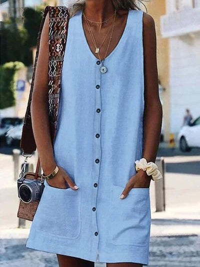 NTG Fad Light Blue / S Women's Fashion Simple Cotton Linen V-Neck Pocket Sleeveless Cardigan Dress