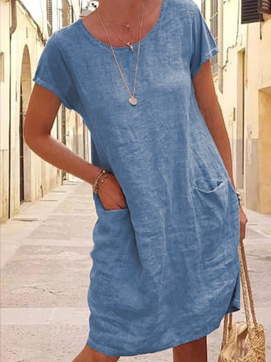 NTG Fad Light Blue / S Women's Loose Round Neck Cotton Short Dress