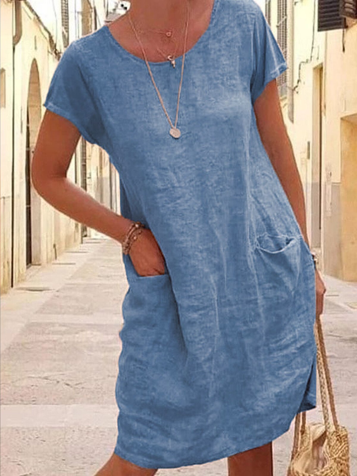 NTG Fad Light Blue / S Women's Loose Round Neck Cotton Short Dress