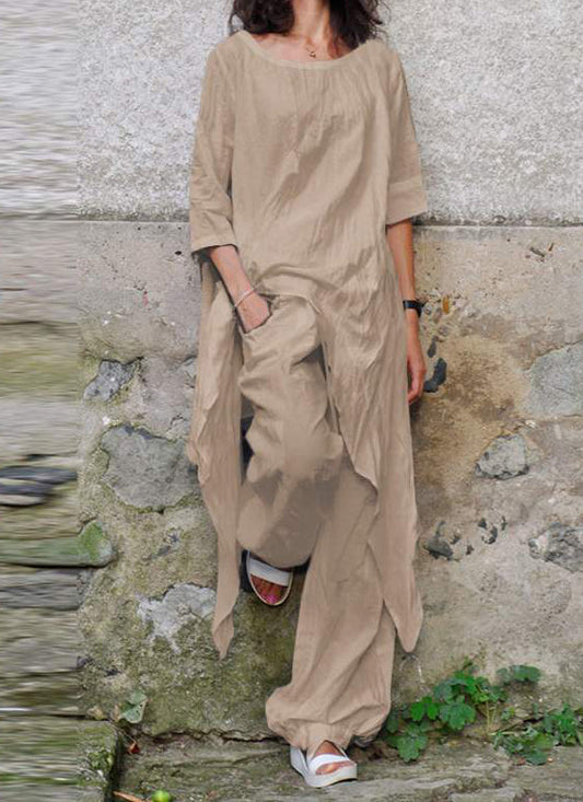 NTG Fad Light Brown / S Casual Loose Irregular 3/4 Sleeve Cotton and Linen Two-piece Suit