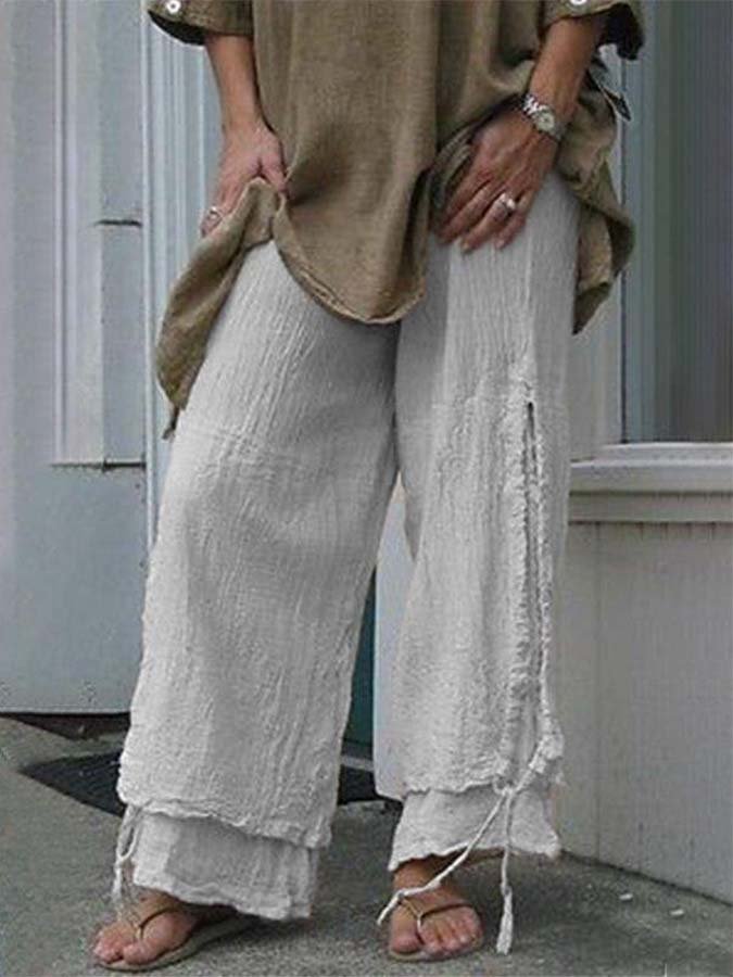NTG Fad Light Grey / M Women's Cotton and Linen Double Drawstring Wide Leg Pants-(Hand Make)