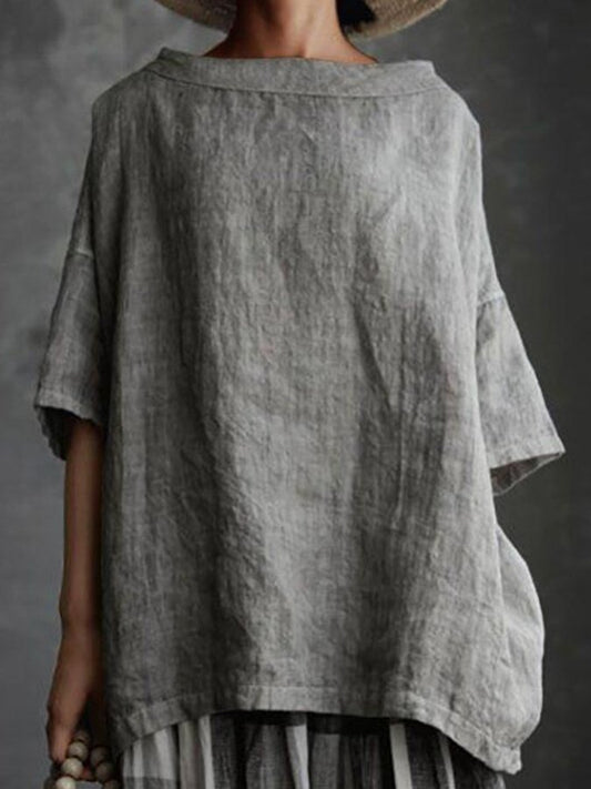 NTG Fad Light Grey / S Ladies Cotton Linen Round Collar Loose Casual Shirt