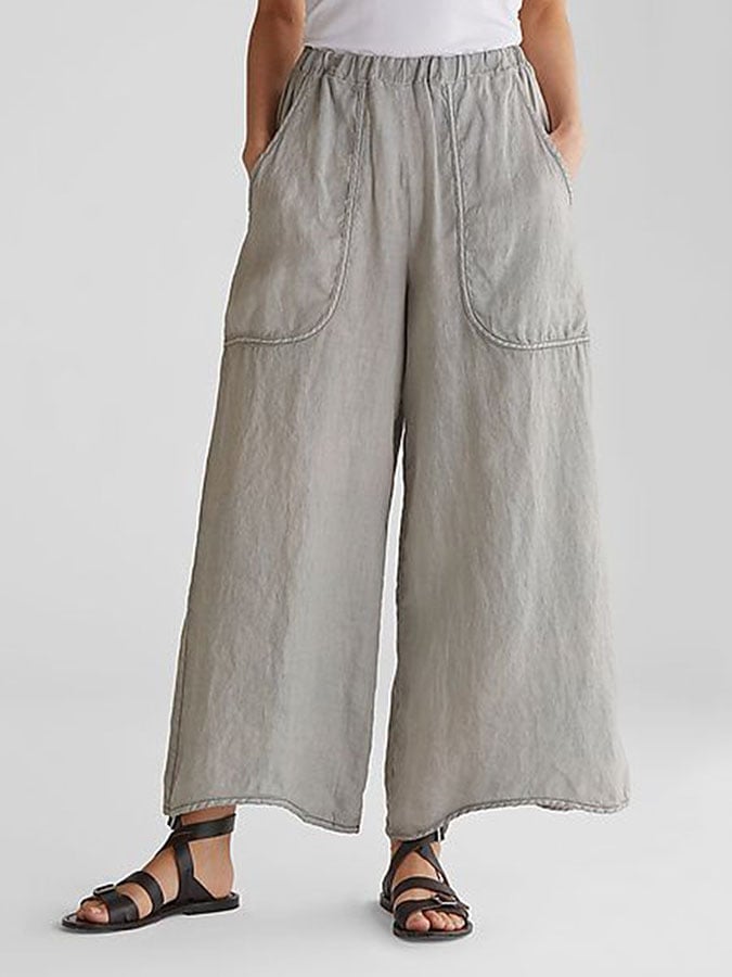 NTG Fad Light Grey / S Solid Color Cotton Linen Pocket Wide Leg Pants