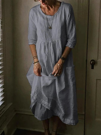 NTG Fad Light Grey / S Women's Casual Round Neck Linen Solid Long Dress