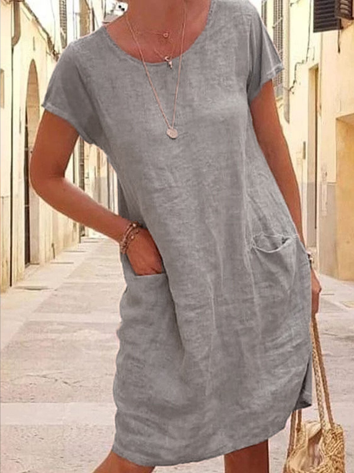 NTG Fad Light Grey / S Women's Loose Round Neck Cotton Short Dress